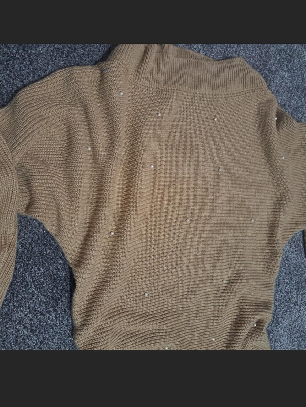 Pearl-Accent Ribbed Turtleneck Sweater — Camel